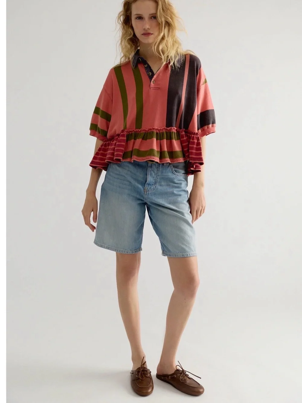 Free People Coral Rugby Polo with Olive and Charcoal Stripes
